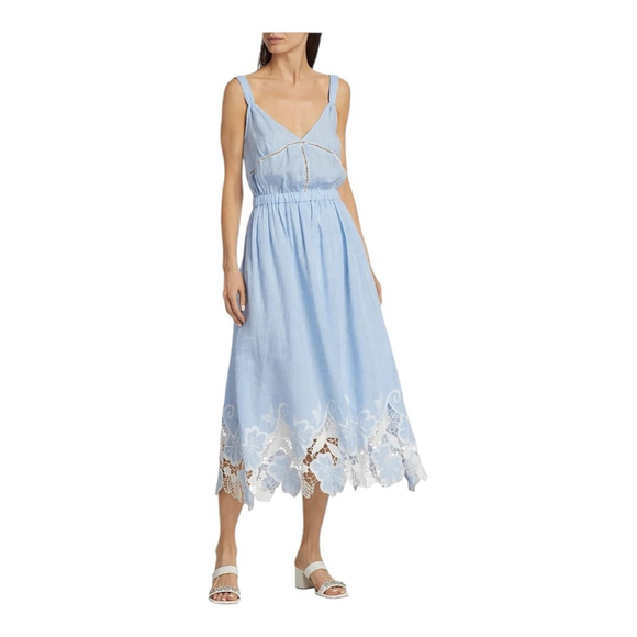 Ramy Brook Aubriella Blue and White Lace Trimmed Midi Dress Size Medium - Picture 5 of 11